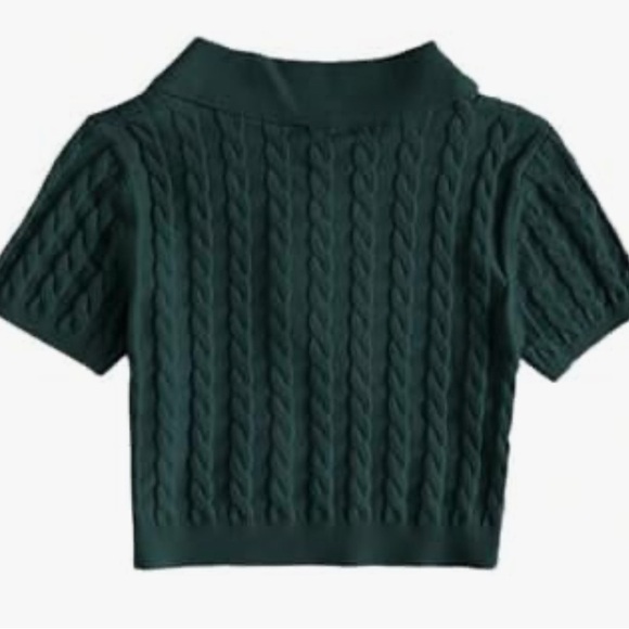 Verdusa Women's Button Front Short Sleeve Cable Knit Crop Top Dark Green XSmall - Picture 2 of 4